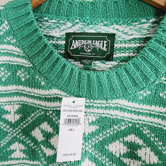NWT American Eagle Green Fair Isle "Snow Drift" Sweater L Crew Neck - Picture 6 of 9